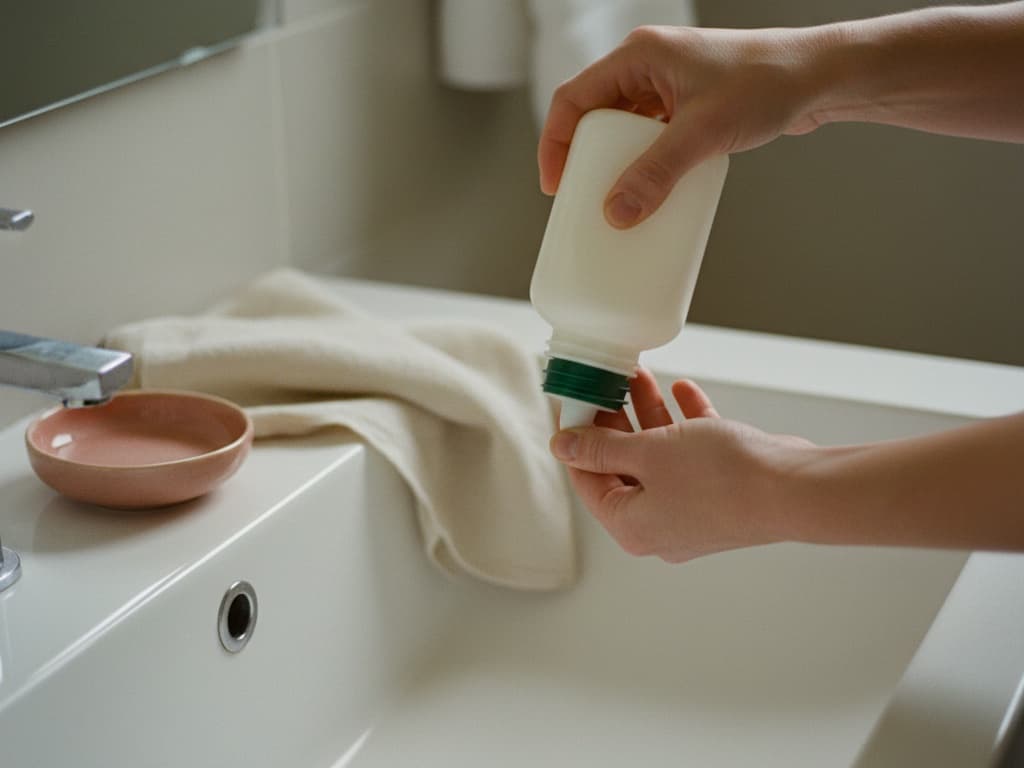 Holding the squeeze rinse bottle over a porcelain sink, tilted to one side.