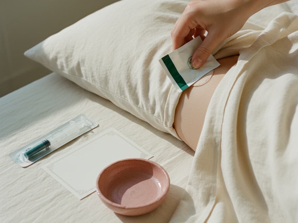 Wiping a small section of inner thigh skin with a sealed alcohol prep pad.