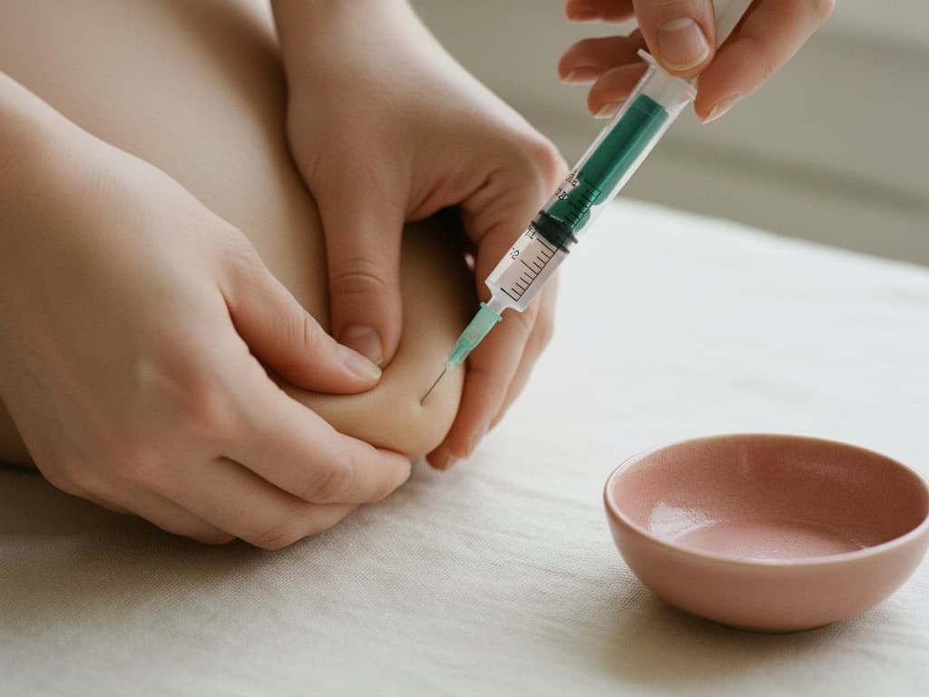 Pinching a fold of skin and holding an insulin-style syringe at a 45-degree angle.