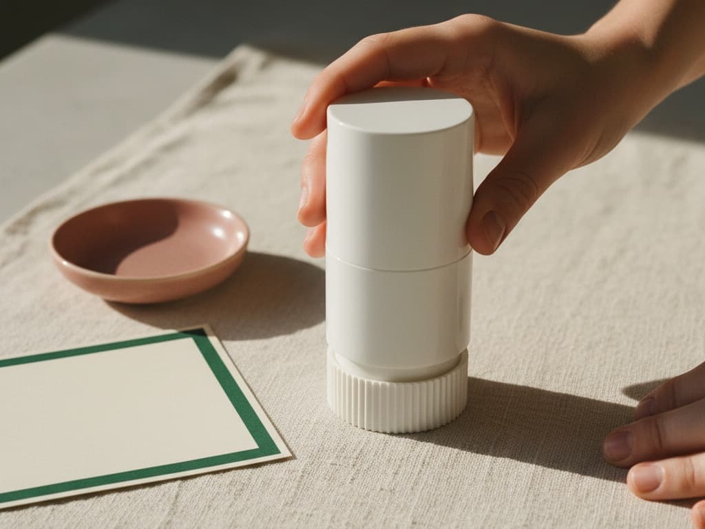 Twisting the ribbed white base of a Topiclick airless dispenser to prime it.