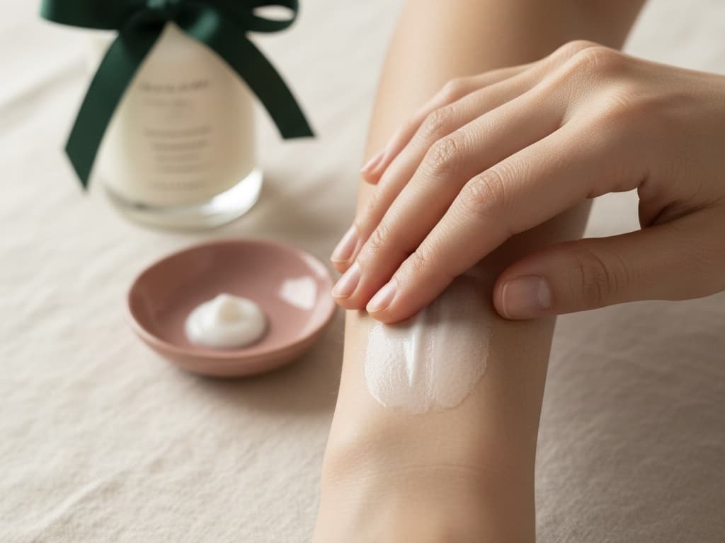 Rubbing the dispensed cream into the inner forearm in a gentle circular motion.